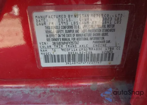 2015 Nissan Sentra Fe+ S/S/Sl/Sr/Sv z USA, uszkodzony, nr VIN 3N1AB7AP4FY257747